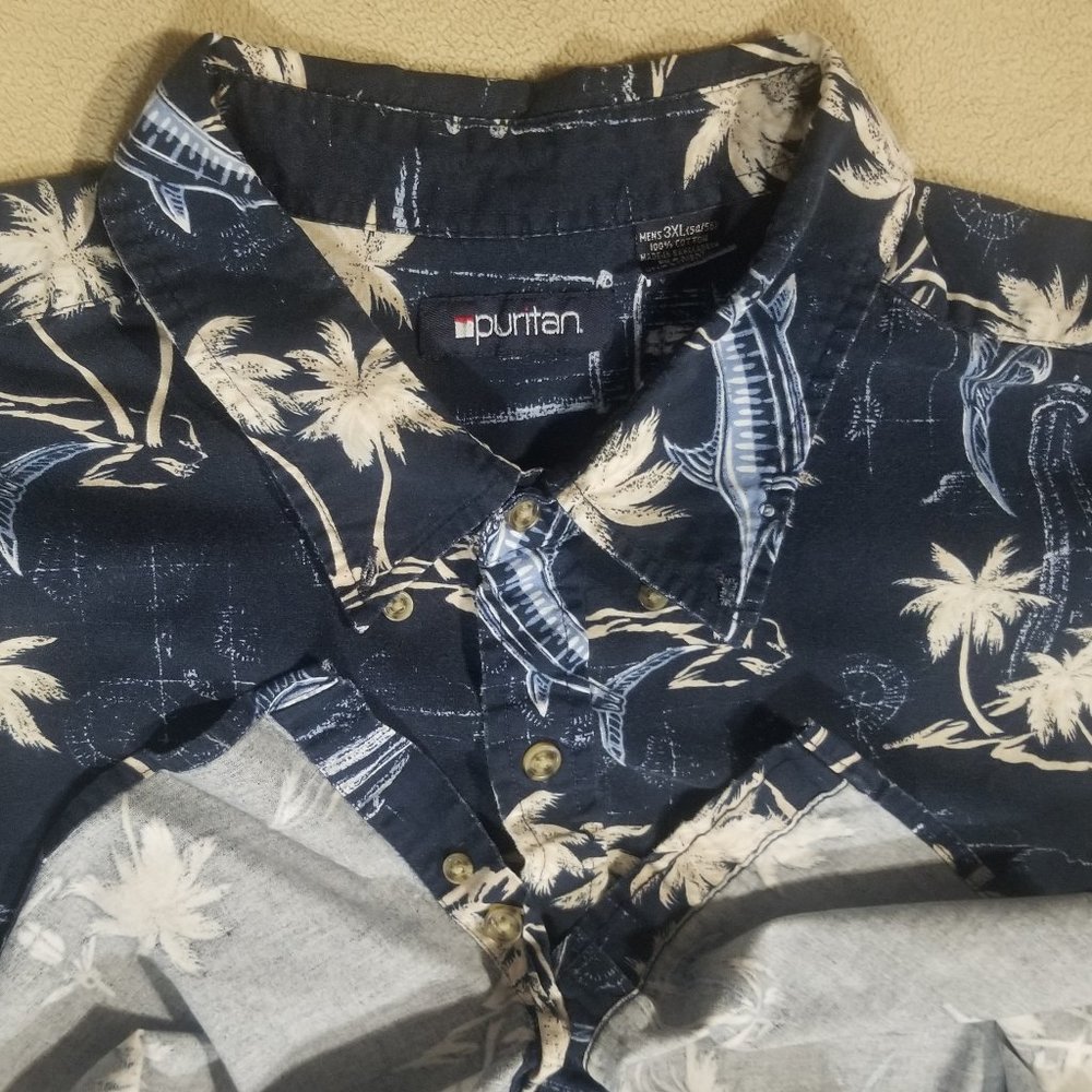 Puritan blue/beige ocean fish men's 3XL shirt - Picture 3 of 4